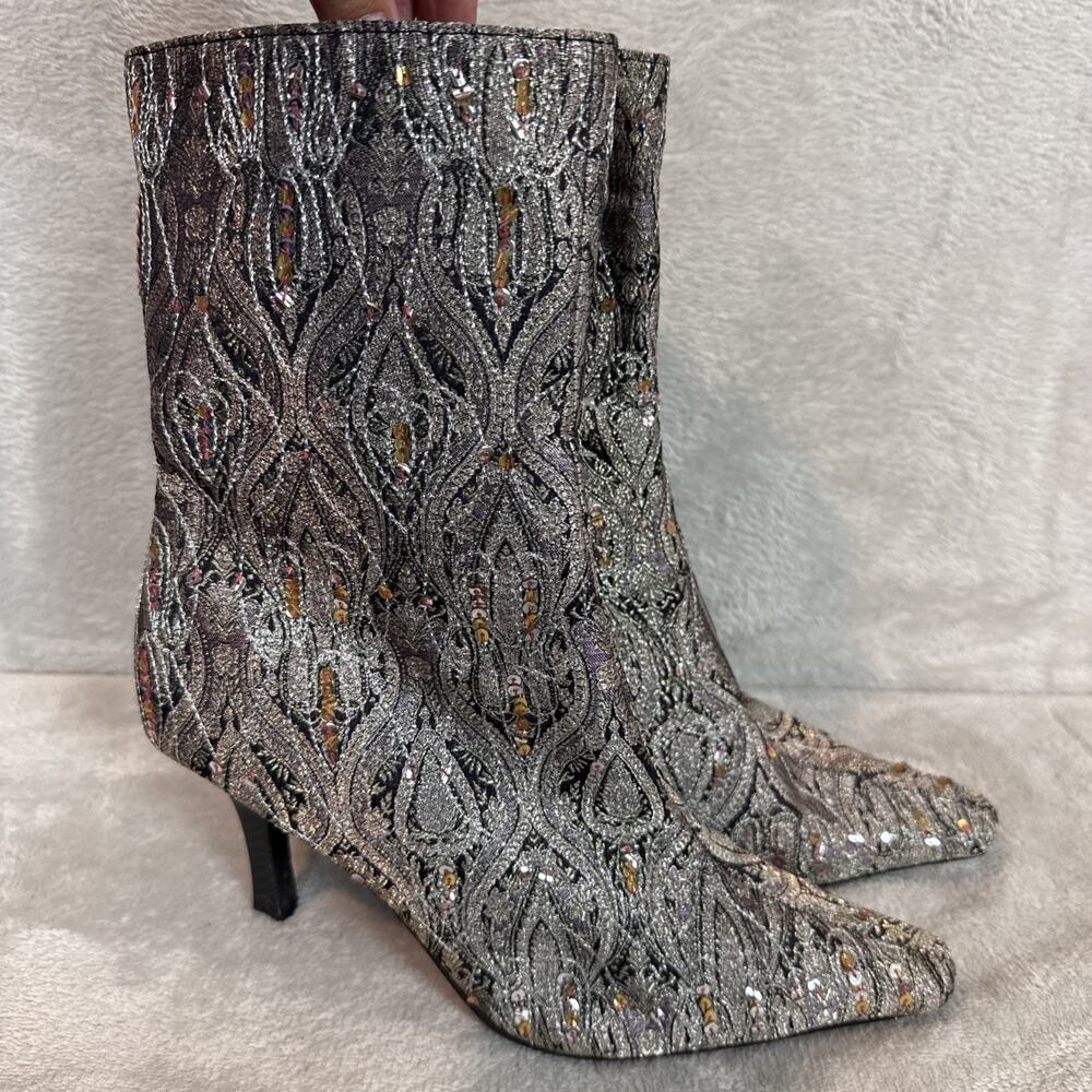 Vtg Y2K Anne Michelle Mid Calf Metallic Sequin Glam Stacked Heel Boots Shoes 7.5